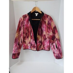 Chico's Quilted Jacket Size 00 Pink‎ Black Reversible Brushstroke Small Open